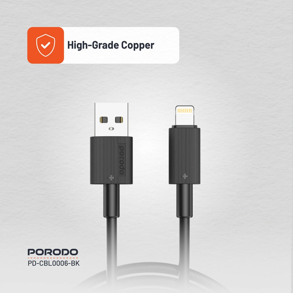 PD-CBL0002-BK , Porodo USB-A to Lightning Durable Charging Cable - Black PD-CBL0002-BK , Porodo USB-A to Lightning Durable Charging Cable - Black
